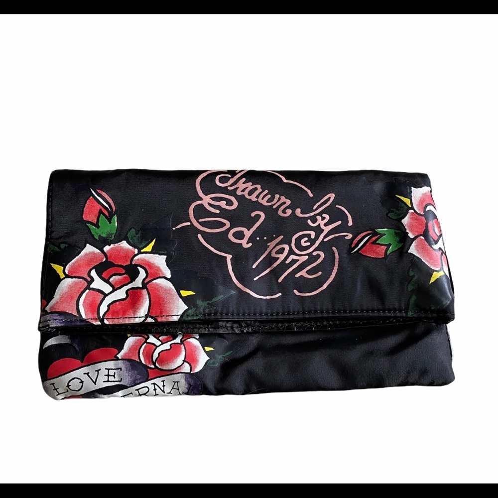 Ed Hardy Black Fabric Zippered Clutch Bag
